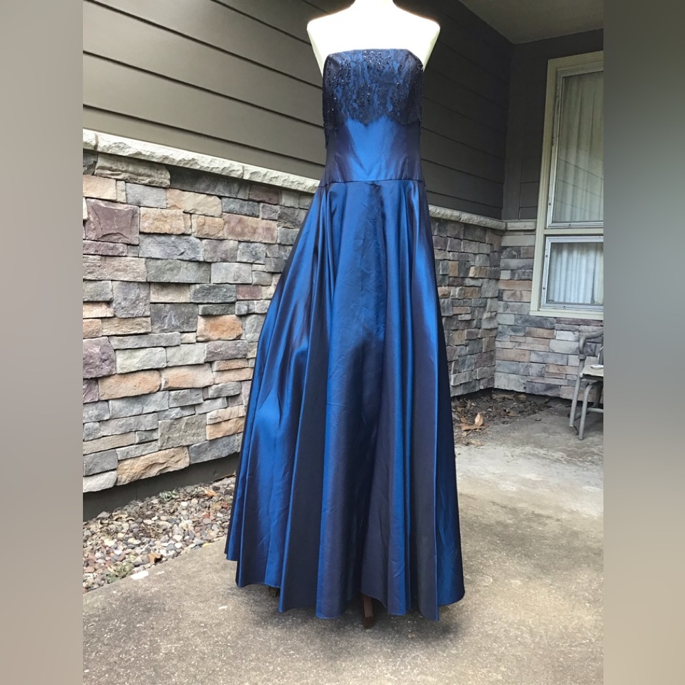 Strapless formal, black lace over blue taffeta
